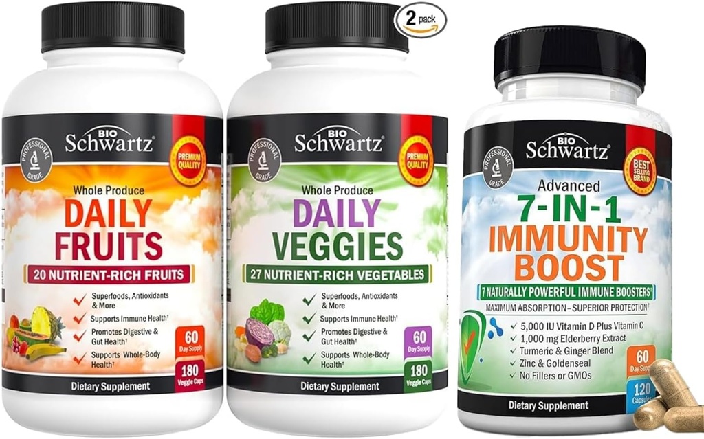 BioSchwartz Daily Fruits and Veggies Supplement for Women and Men (2Ay Supply) Plus 7 in 1 Immune Support Supplement with Antioksis (2 Ay Supply)
