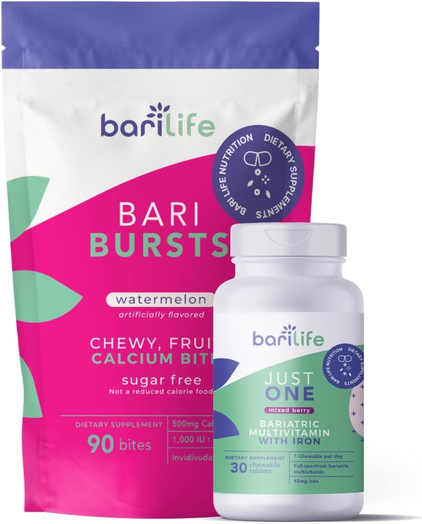 Bari Life Just One Chewable: Daily Bariatric Multivitamin + Demir ve BariBurstuba Citrate Soft Chews for Gastrik Bypass, Gastrik Kol ve Duodenal Switch (Watermelon)