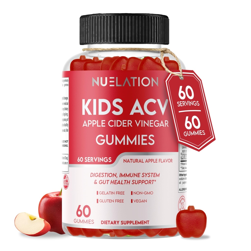 Vegan Apple Cider Vinegar Gummies for Kids with Mother, 60 Servings, 60 Ct. Gelatin Free 500mg ACV Gummies. Non-GMO, Gluten Free, Digestion, Detox Cleanse & Immune Support. ACV Supplement for Toddlers