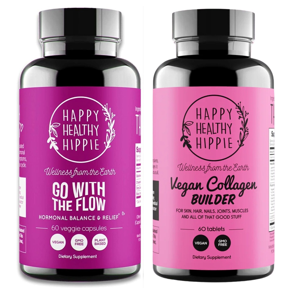 Mutlu Sağlıklı Hippie Vegan Collagen Builder w/Hyaluronic Acid & Go with The Flow Hormon Balance for Women
