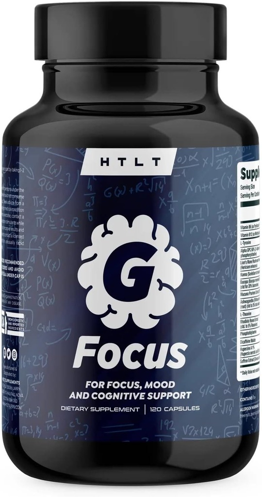 G Focus by HTLT | for Focus, Mood, and Cognitive Support | Alfa GPC, Rhodiola Rosea, Lion's Mane, Gotu Kola, Ginkgo Biloba, & Huperzine A Supplement | (120 Capsules)