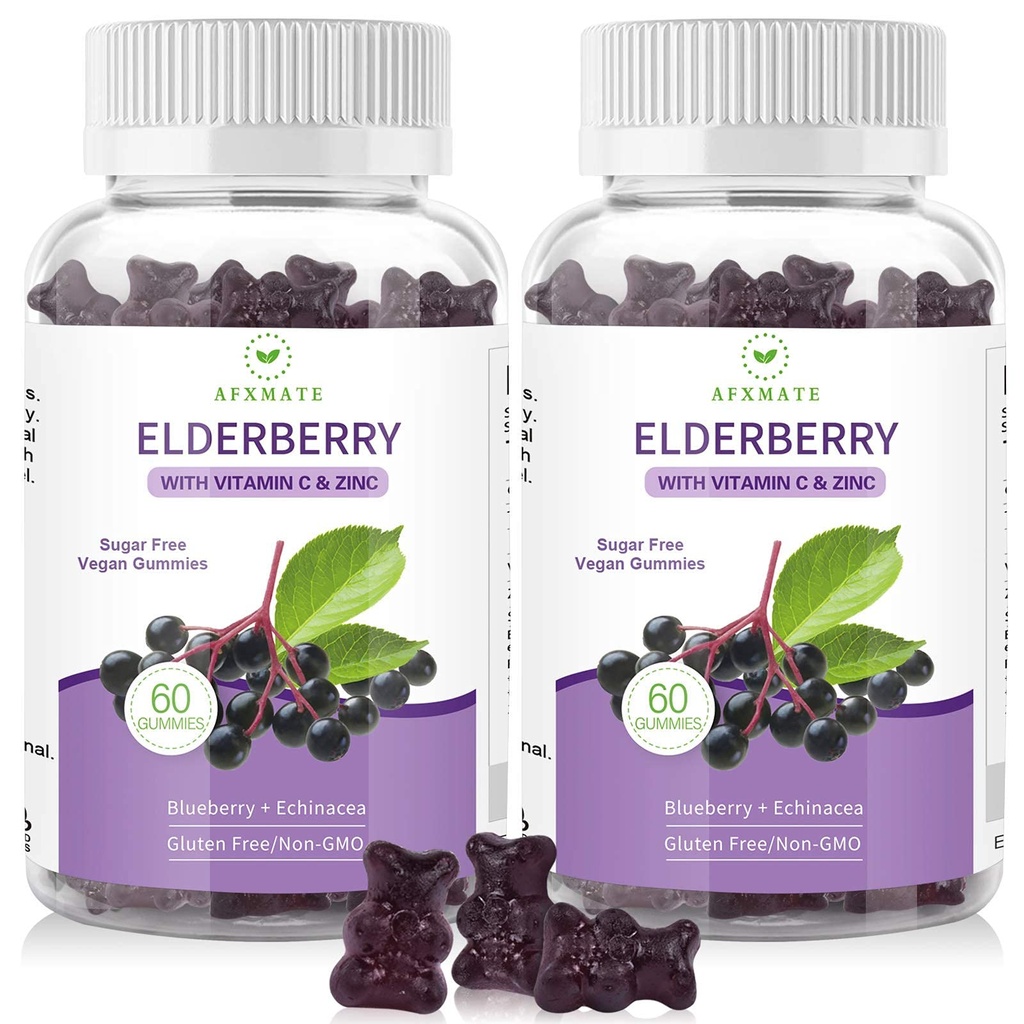 AFXMATE Sambucus Black Elderberry Gummies με ψευδάργυρο και βιταμίνη C για ενήλικες παιδιά ανοσοποιητική υποστήριξη, ζάχαρη δωρεάν 120 μετρητές