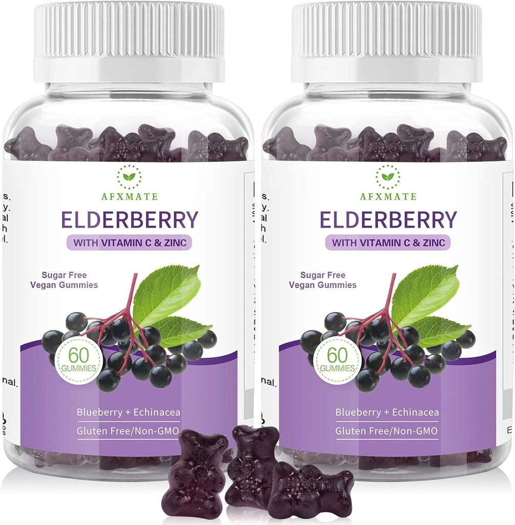 AFXMATE Sambucus Black Elderberry Gummies with çinko and Vitamin C for Yetişkinler Kids Immune Support, Sugar Free 120 Counts
