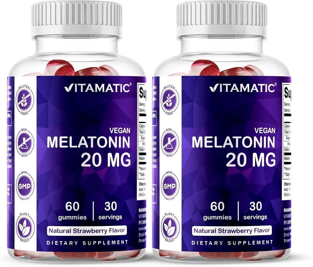 Vitamatic Melatonin 20mg Gummies for Adults, 30 Servings - 60 Count - Non-Habit Forming Supplement (πακέτο του 2)