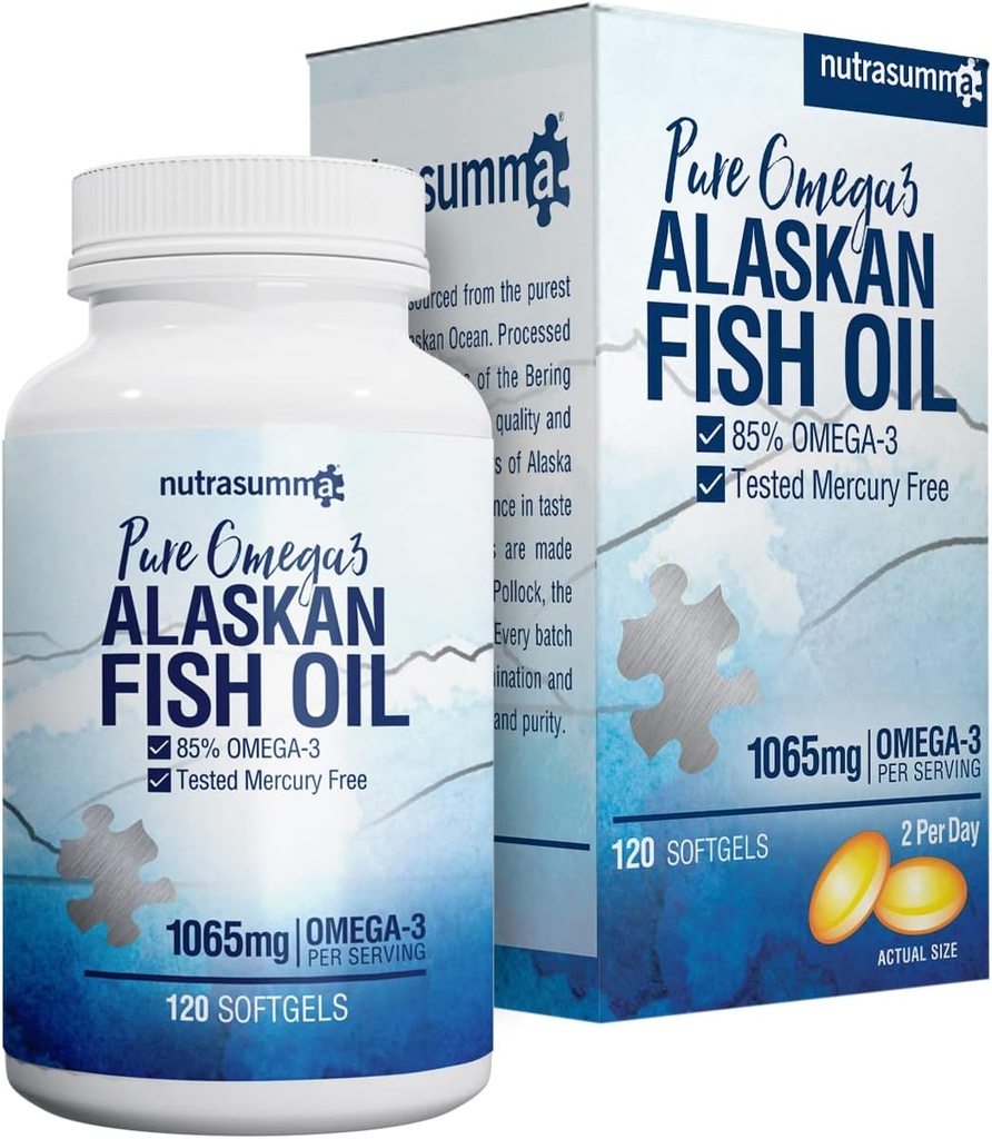 Nutrasumma Yüksek Purified Omega 3 Supplement Wild Alaskan Fish Oil Burpless & No Fishy Taste, 650 mg EPA &270 mg DHA of 1250 mg Fish Oil softgels, Gluten Free, Heart, Brain & Immune Support, 60 Hizmetler