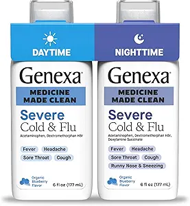 Genxa Clean Cold & Flu Daytime + Nighttime Severe Relief, Dye Free, 0% Yapay Katkılar, Acetaminophen Ateşi, Cough Suppressant, Antihistamine, Organik Blueberry Flavor, 12 fl oz (2 paket)