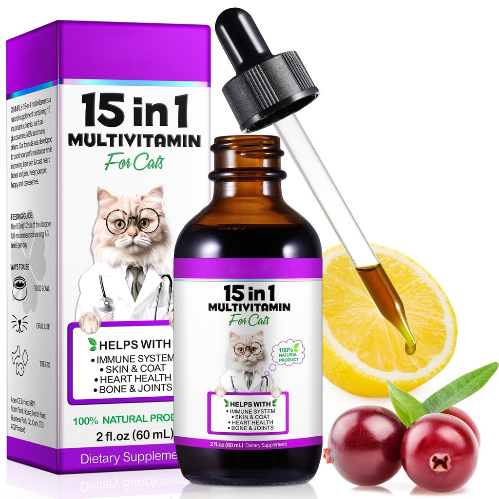 Cat Multivitamin,15 in 1 Cat Βιταμίνες Υγρές σταγόνες Συμπληρώματα για την υγεία της καρδιάς, οστά, αρθρώσεις, δέρμα & παλτό, Bladder, ανοσοποιητικό σύστημα Υποστήριξη 60ml