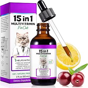 Cat Multivitamin,15 in 1 Cat Vitamins Liquid Drops Supplements for Heart Health, Bones, Joint, Skin & Coat, Bladder, Immune System Support 60 ml
