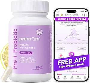 Premom Prenatal Pre & Probiotics for Women: 18 Diverse Organic Prebiotics Strains - Supports Digestive, 30 Billion CFU, Gut & Immune Health for Mom and Baby - Daily Capsules