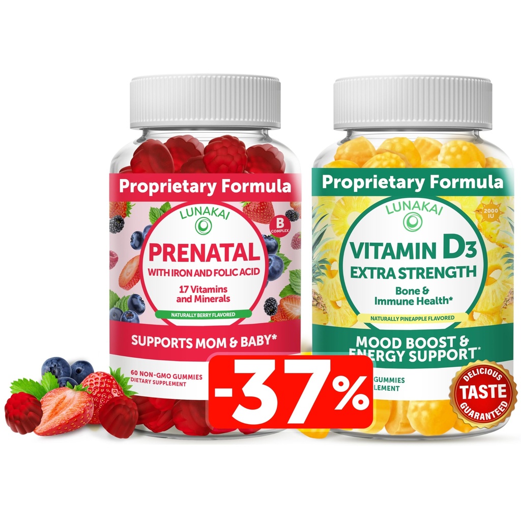 Lunakai Προγεννητική και βιταμίνη D3 Gummies Bundle - Εγκυμοσύνη Πολυβιταμίνη Gummy με σίδηρο & φολικό οξύ - Ανοσία, οστά και Mood συμπλήρωμα υποστήριξης για ενήλικες