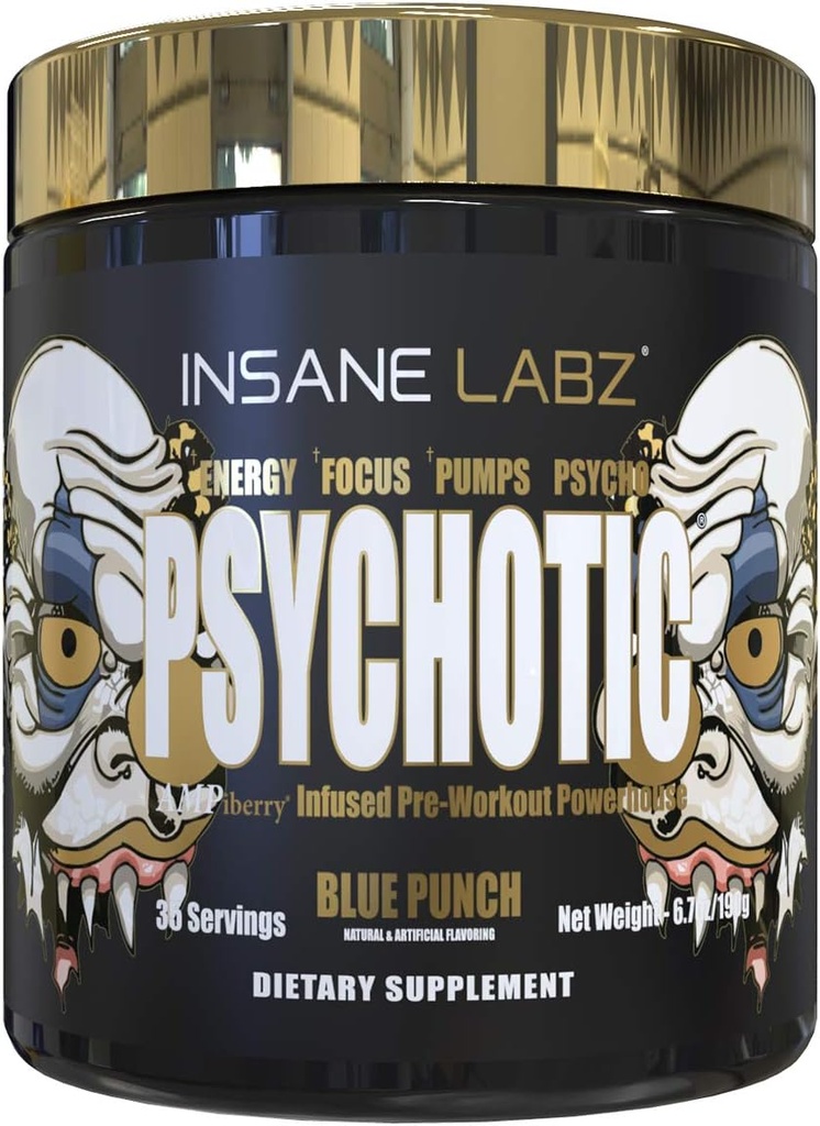 Insane Labz Psychotic Gold, Υψηλής διεγερτικής πριν από την προπόνηση σκόνη, Extreme Lasting Energy Focus, Αντλίες και αντοχή με Beta Alanine, DMAE Bitartrate, NO Booster (35 εξυπηρετούν, Blue Punch)