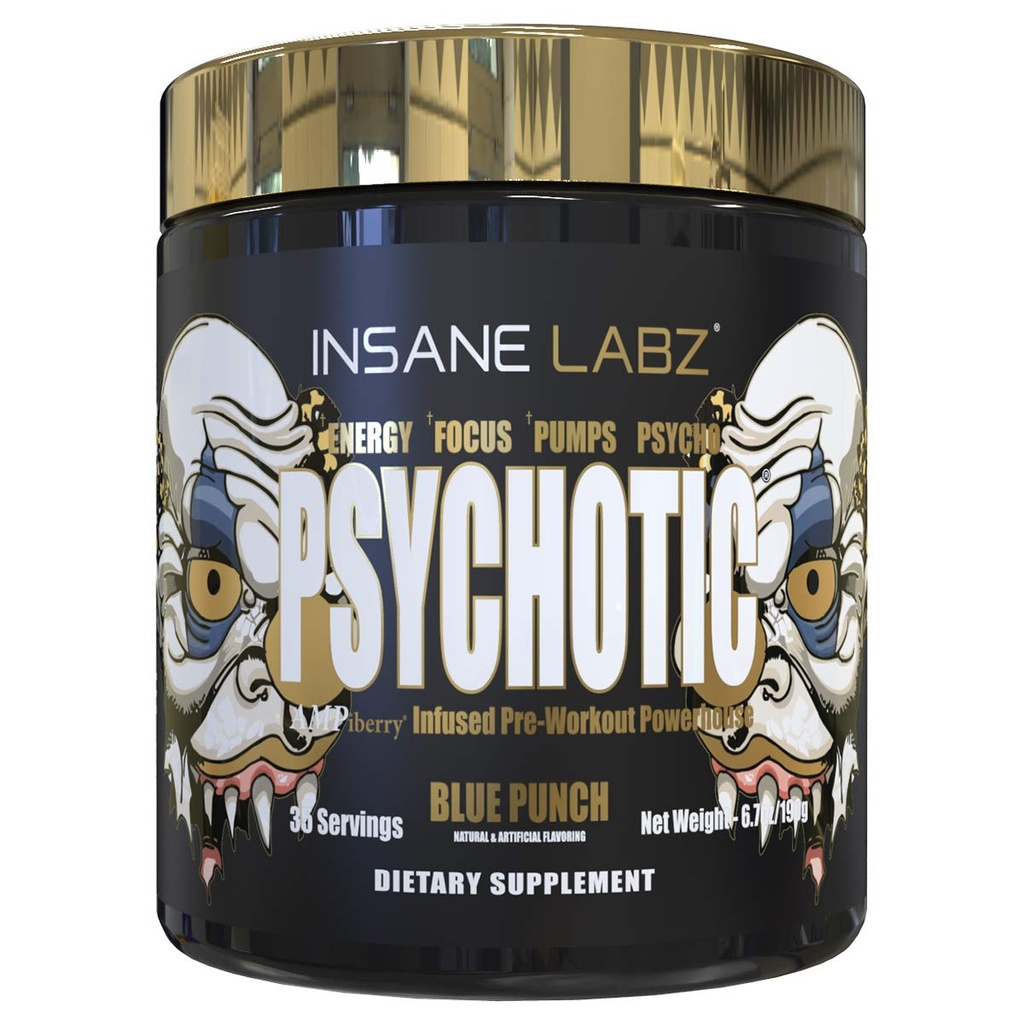 Insane Labz Psychotic Gold, High Stimulant Pre Workout Toz, Extreme Lasting Energy Focus, Pumps and Endurance with Beta Alanine, DMAE Bitartrate, NO ATM (35 hizmet, Blue Punch)