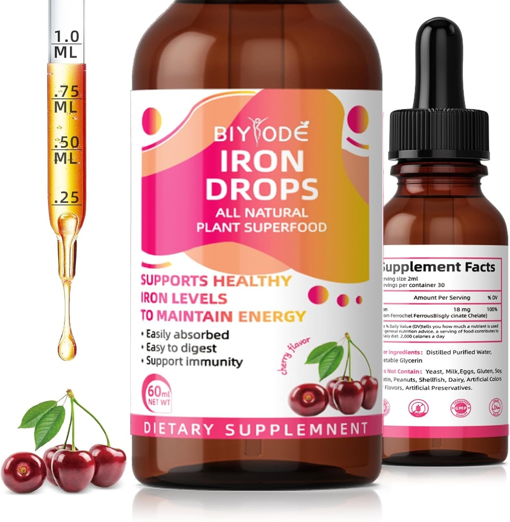 Kadınlar için Demir Supplement: Vitamin C B12 & Folic Asit Gentle Abors Energy Support Non-Constipating Formula Vegan Sugar-Free Drops