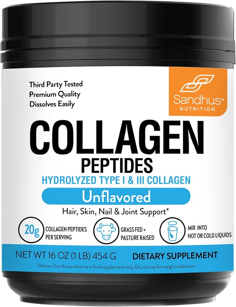 Sandhu'nun Collagens Toz|1 lb, 22 Unflavored| Grass-Fed Hydrolyzed Bovine Collagen | Supports Youthful Skin, Hair, Nails, Mobility & Flexability