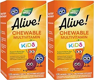 Doğanın Yolu Alive! Çocuk Daily Chewable Multivitamin, Supports Bone, Eye, and Immune Health*, Orange & Berry Fruit Flavored, Gluten Free, 120 Chewable Tabletler (Pazarlama Mayıs Vary) (Pack of 2)