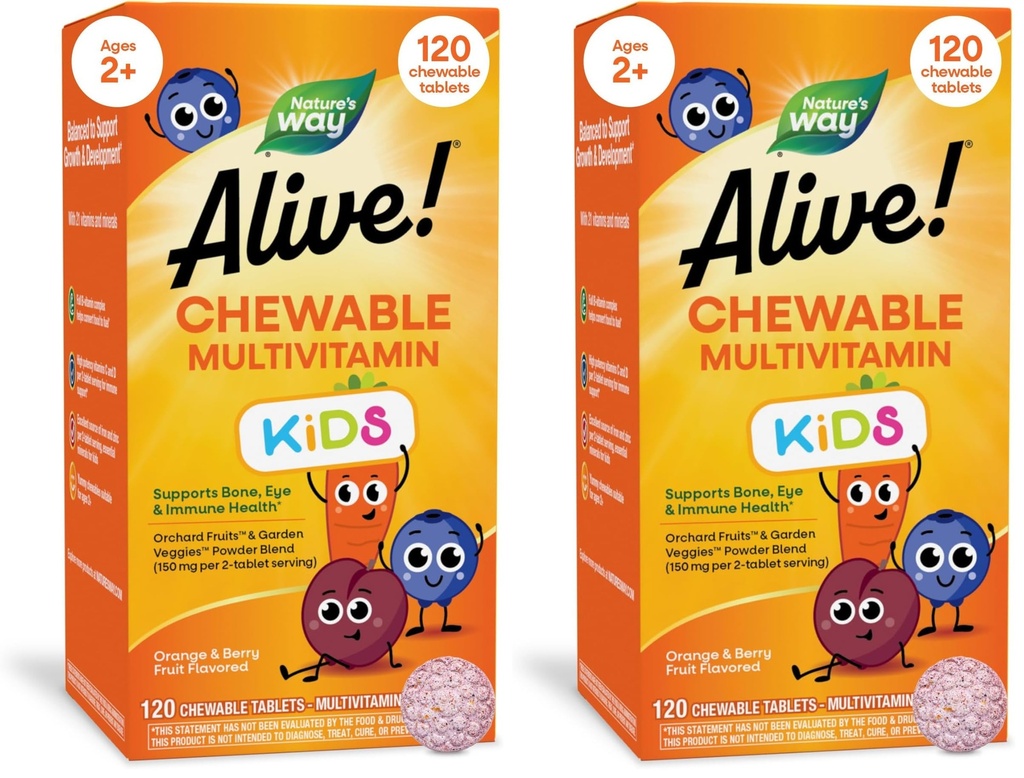 Doğanın Yolu Alive! Çocuk Daily Chewable Multivitamin, Supports Bone, Eye, and Immune Health*, Orange & Berry Fruit Flavored, Gluten Free, 120 Chewable Tabletler (Pazarlama Mayıs Vary) (Pack of 2)