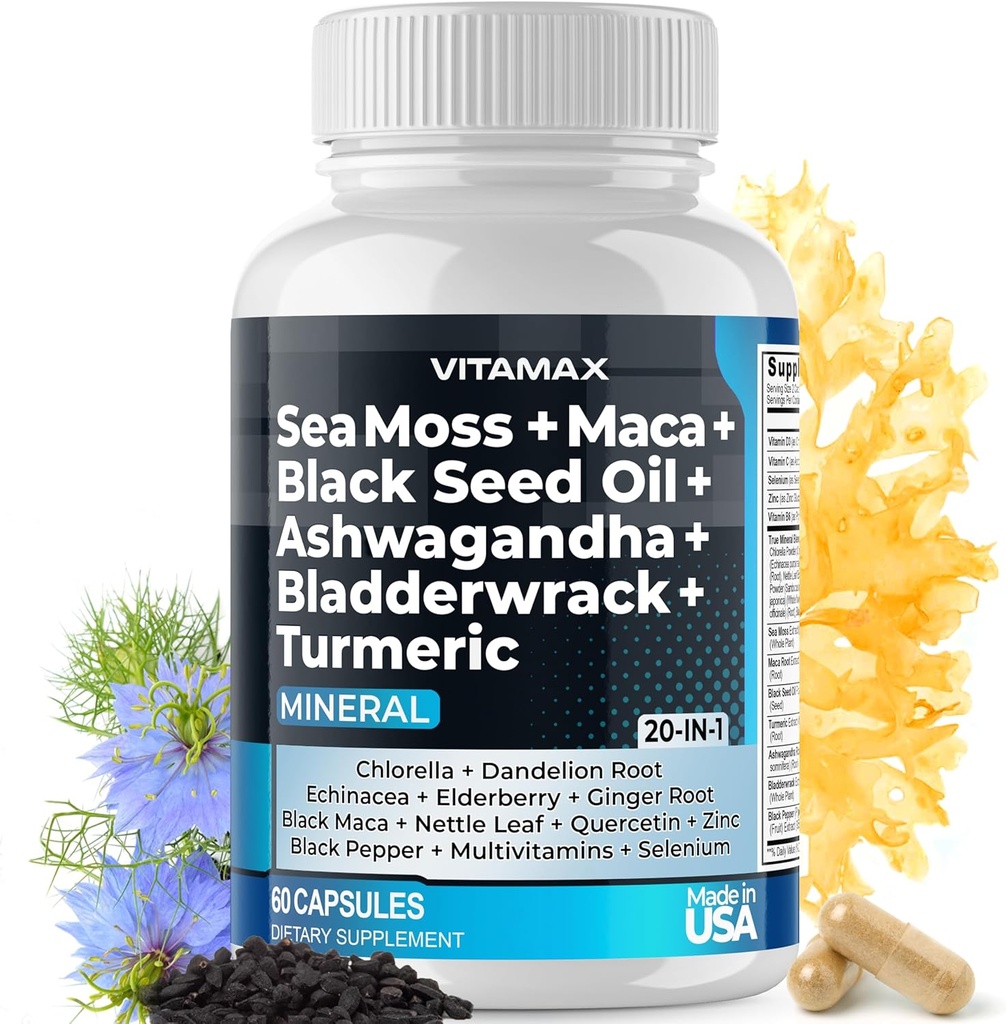 Sea Moss Maca Black Seed Oil Ashwagandha Bladderwrack Turmeric - Manuka Honey, Elderberry, C & D3, Dandelion & Black Pepper - Non-GMO - Vegan - ABD'de 60.