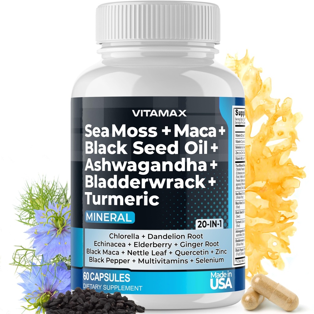 Sea Moss Maca Black Seed Oil Ashwagandha Bladderwrack Turmeric - Manuka Honey, Elderberry, C & D3, Dandelion & Black Pepper - Non-GMO - Vegan - ABD'de 60.