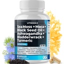 Sea Moss Maca Black Seed Oil Ashwagandha Bladderwrack Turmeric - Manuka Honey, Elderberry, C & D3, Dandelion & Black Pepper - Non-GMO - Vegan - ABD'de 60.