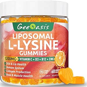 Liposomal L-lysine Gummies 1200 mg, Lysine Chewable Supplement with Vitamin C, D3, B12 & Çinko for Yetişkinler & Çocuklar, Immune & Collagen Support, Lips & Skin Health, Vegan, Natural Fruit Flavor, 60CT