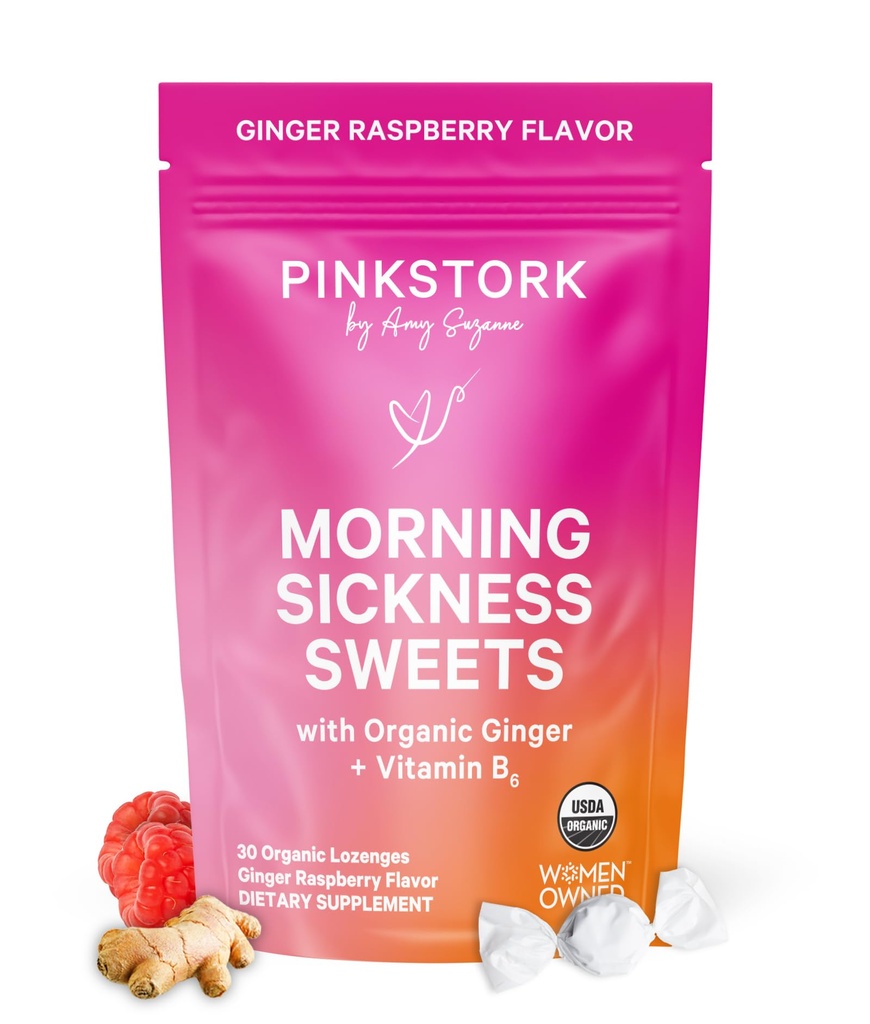 Pink Stork Morning Hastaness Sweets, Organik Raspberry Ginger Candy ile B6, Hareket Hastalığı Desteği, Prenatal Kalpburn - Gecikme Sahipleri - 30 Üste Çıkmalı