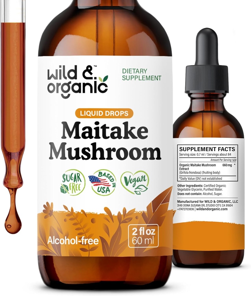 Wild & Organic Maitake Mushroom Drops - Sıvı Mushroom Supplement for Immune Support - Maitake Extract Tincture - Vegan, Sugar & Alkol Özgür - 2 fl oz