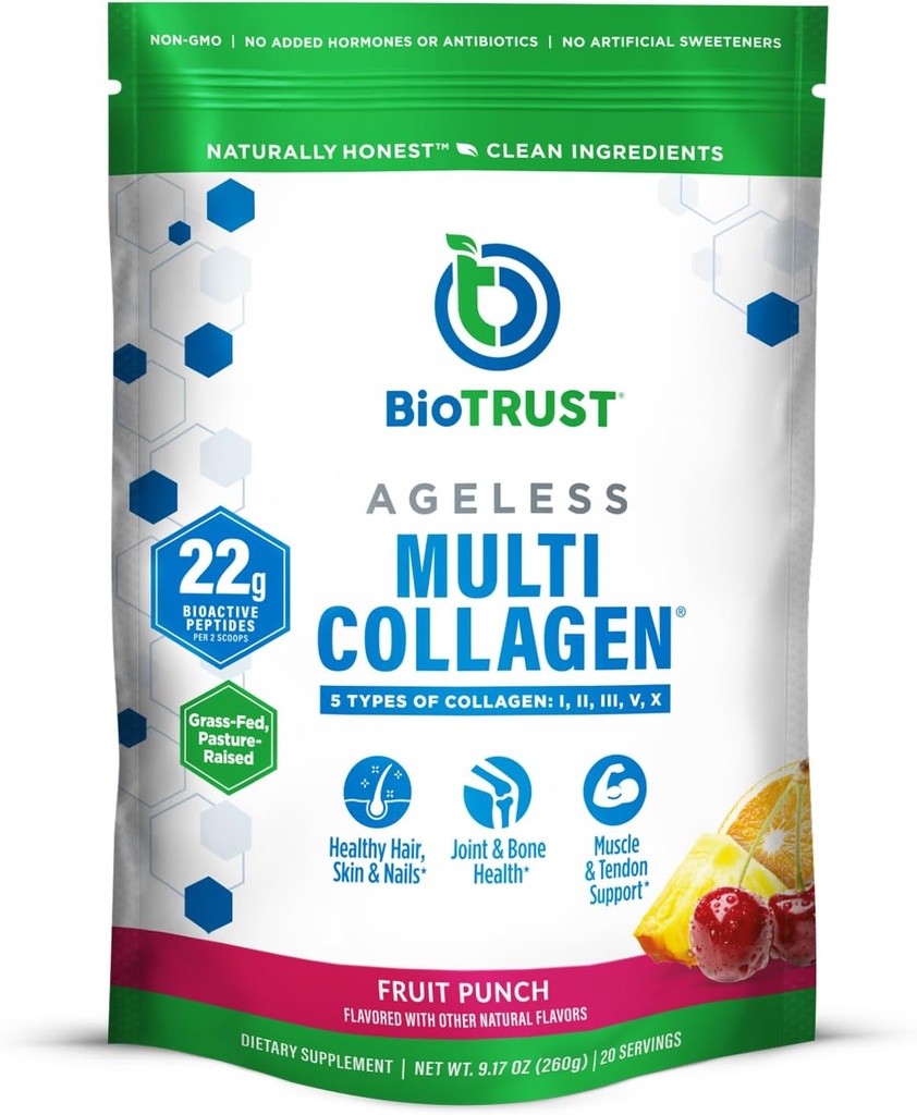 BioTrust Ageless Multi Collagen, Toz – 5 Tip (I, II, III, V, X) – Kadınlar ve Erkekler için Meyve Züylü Toz – Hidrojeklenmiş Protein – Grass Fed Beef, Fish, Chicken, Eggshell Membran