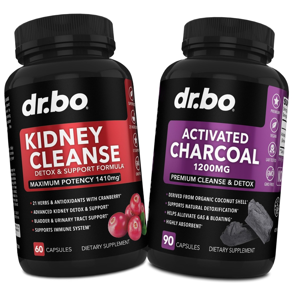 Kidney Cleanse Detox & Aktif Charcoal - Natural Cranberry & Uva Ursi Extract to Support Kidneys, Bladder & Urinary Tract Health - Coconut Charcoal Pills for Stomach Gas & Bloating Support