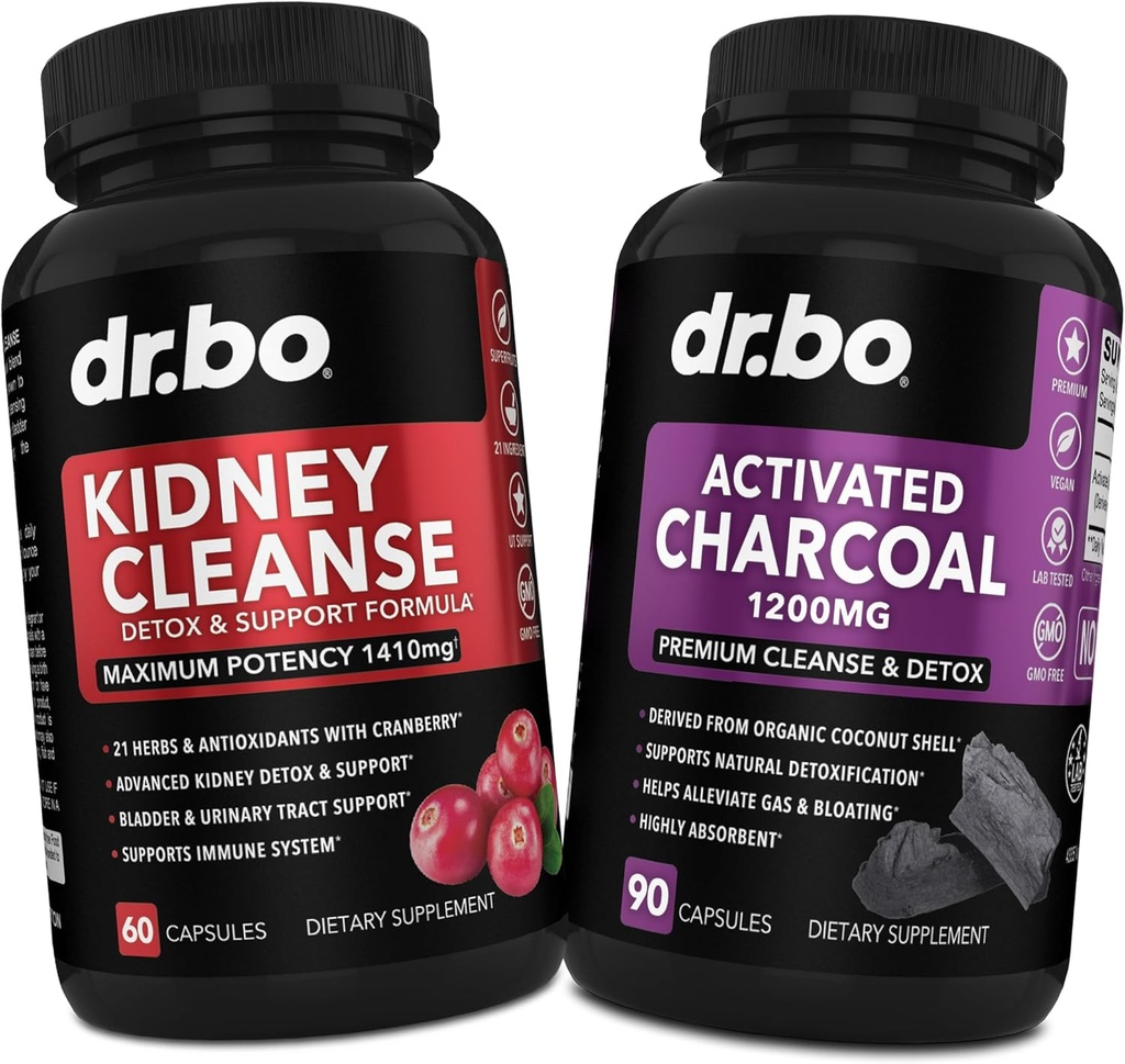Kidney Cleanse Detox & Aktif Charcoal - Natural Cranberry & Uva Ursi Extract to Support Kidneys, Bladder & Urinary Tract Health - Coconut Charcoal Pills for Stomach Gas & Bloating Support