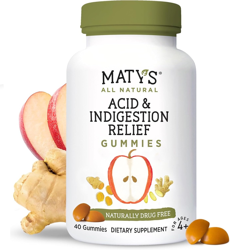 Matys Acid & Indigestion Relief Gummies, The Safe Antacid for Occasional Acid Reflux & Heartburn in Yetişkinler & Kids 4 Years Old +, Low Sugar, Gluten Free, Vegan Gummy Made with Apple Cider Vinegar, 40 count