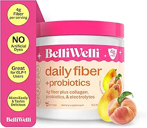 BelliWelli Fiber συμπλήρωμα για γυναίκες & άνδρες – Premium καθημερινή σκόνη ινών από οργανική ακακία με προσθήκη κολλαγόνου, ηλεκτρολυτών & προβιοτικών – Δεν Bloat, δυσκοιλιότητα & υποστήριξη της υγείας των ούλων (Peach Mango)