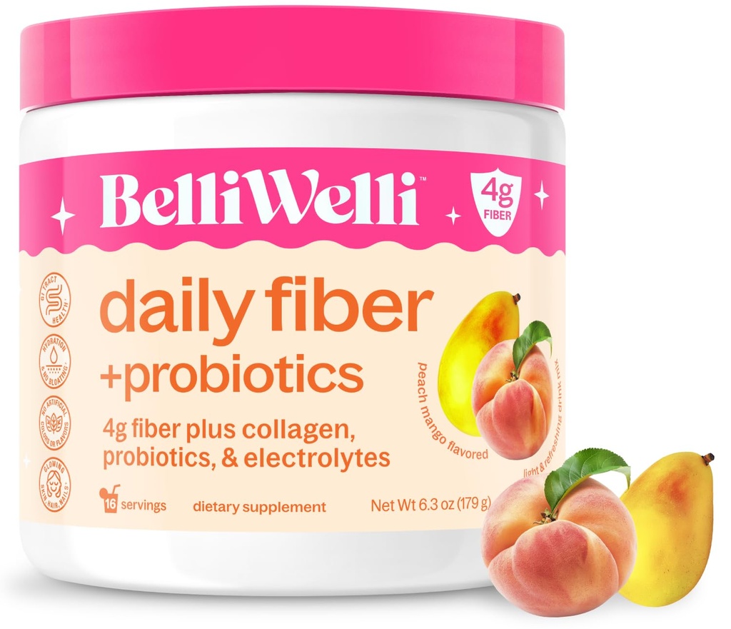 Kadınlar ve Erkekler için belirli bir Welli Fiber Supplement - Organik Acacia'dan gelen Premium Daily Fiber Toz, Elektrolytes & Probiyotikler – No Bloat, Constipation & Gut Health Support (Peach Mango)