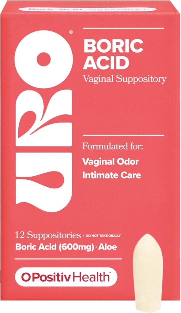 O Positiv URO Boric Acid Vaginal Suppository - Laktik Asit ile, ve Hızlı Yardım ve Vaginal Odor Control - Vegan, Parabens, Dyes ve Fragrances'tan Ücretsiz - 12 Kont (Paket)
