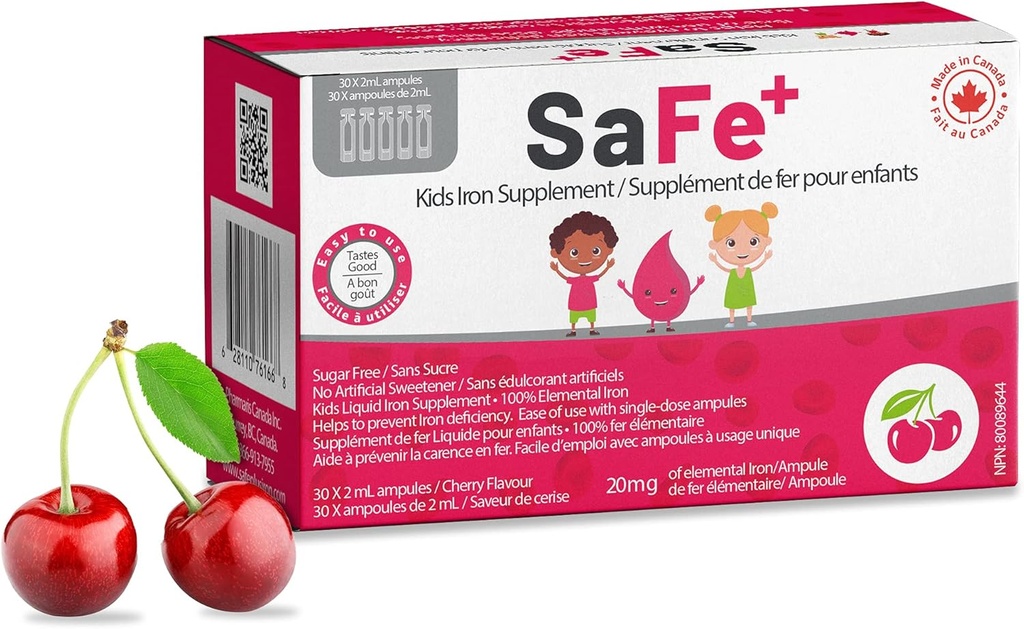 Çocuklar için SaFe+ Sıvı Demir | Great Tasting Cherry Flavor | Easy to Use 20mg/2mL Iron per ampule | 30 Unit-Dos (2 ml Her) I Sugar Free & Allergen Free I keep Physical & mental Wellence