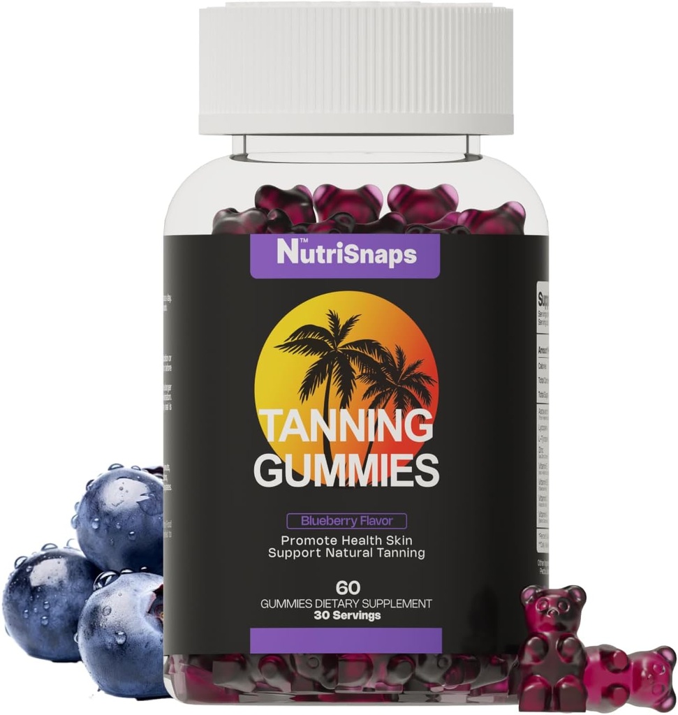 Tanning Gummies, Tanning Supplement for Adults Woman & Men, Daily Tanning Gummies for Skin Health & Pigmentation, Non-GMO, Vegan, Blueberry Flavor, 60 Gummies