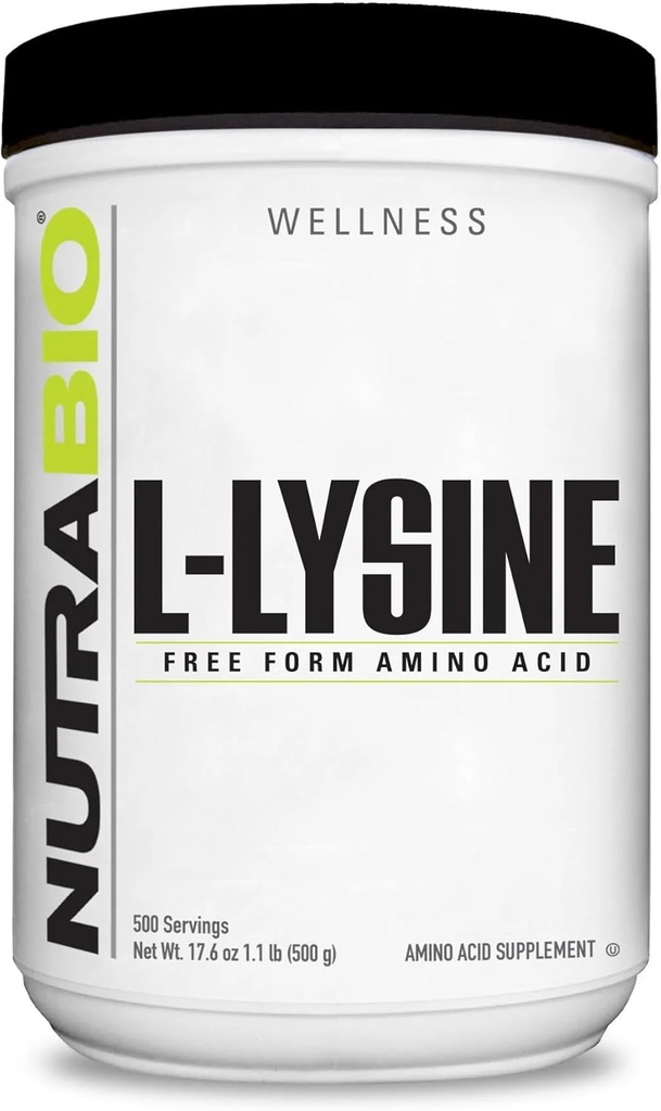 NutraBio L-Lysine Powder 500g – Essential Amino Acid for Protein Metabolism, Collagen Support, & Immune Health – Pure, Unflavored, Non-GMO, Vegan- 500 Servings