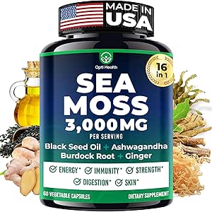 Sea Moss Black Seed Oil Ashwagandha Ginger – Advanced Irish Sea Moss Capsules All in One Supplement with Seamoss Black Seed Oil Ashwagandha Burdock Root Bladderwrack - Pills for Energy, Immune, Gut