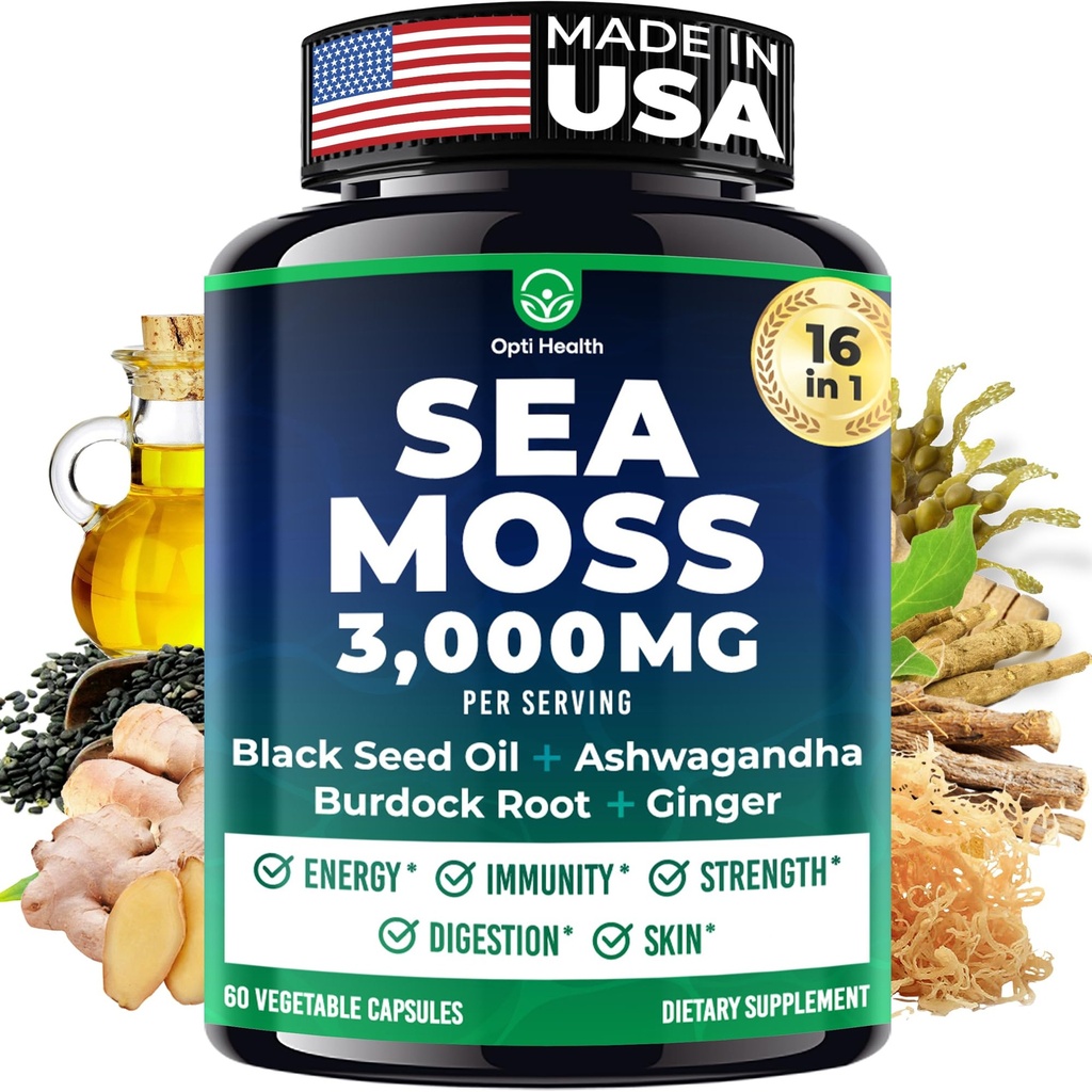 Sea Moss Black Seed Oil Ashwagandha Ginger – Advanced Irish Sea Moss Capsules All in One Supplement with Seamoss Black Seed Oil Ashwagandha Burdock Root Bladderwrack - Pills for Energy, Immune, Gut