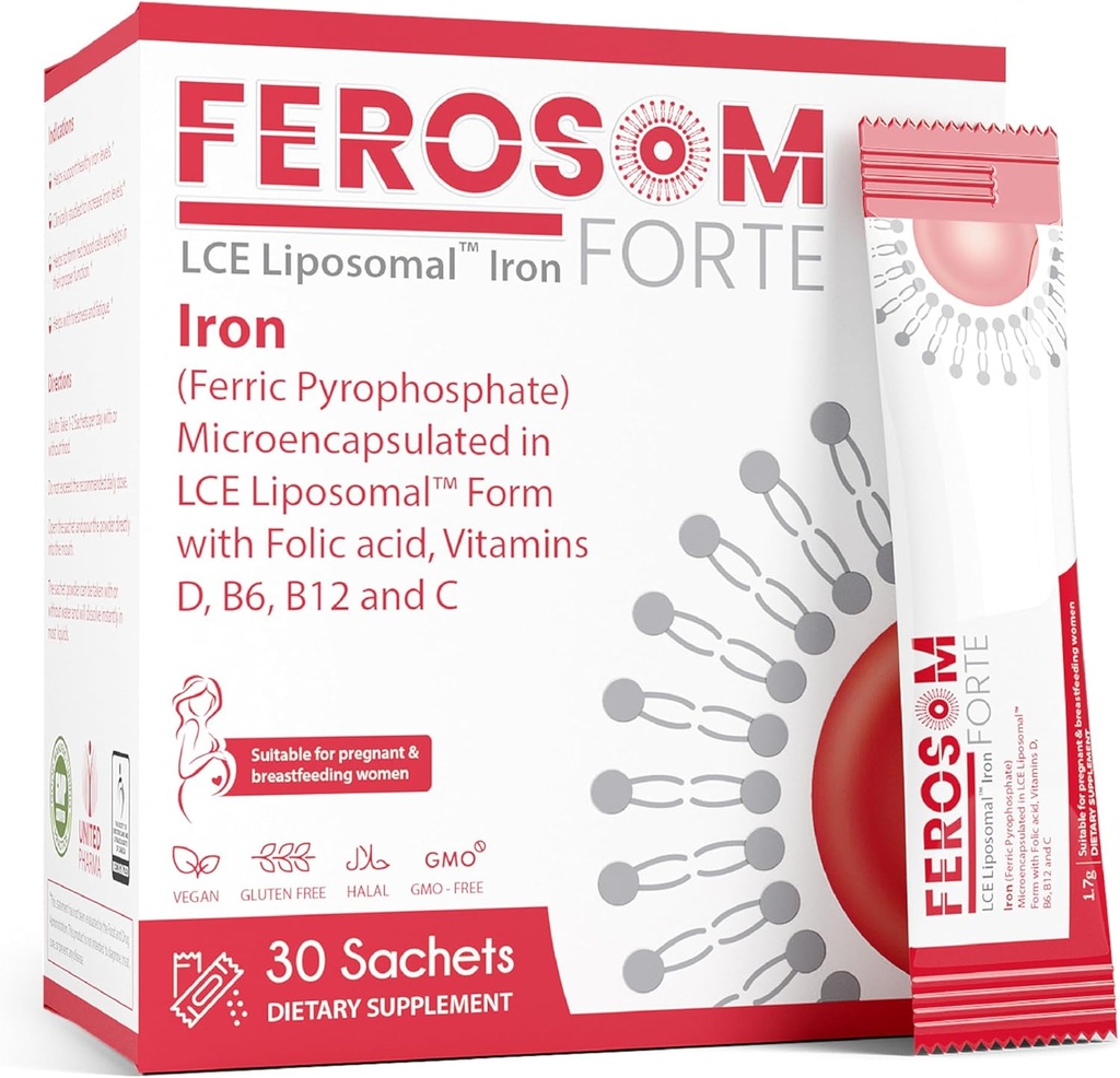 LCE Liposomal Iron Powder – 21mg Στοιχειώδης σίδηρος με βιταμίνες B12, B6, C, D & Folic Acid – Gentle Berry-Flavored συμπλήρωμα ποτό, 30 Vegan Sachets