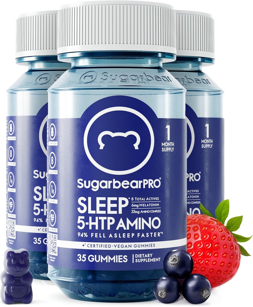 Şekerbear Sleep Gummy 3 Ay Supply, Ekstra Strength Melatonin 6 mg, Erkekler ve Kadınlar için, Vegan B6, L-Theanine, 5 HTP, Valerian, Yetişkin ve Gençler için Uyku Yardımı, Onaylanmış Kosher, Halal, Cruelty-Free