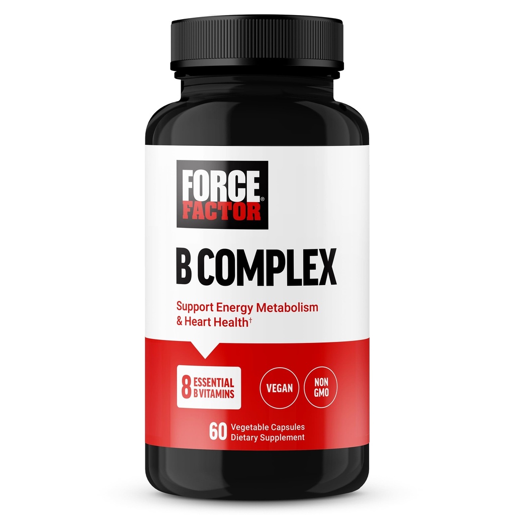 FORCE FACTOR Vitamin B Complex to Support Energy, Vitality, and Heart Health, Includes Vitamin B1, Vitamin B2, Vitamin B3, Vitamin B6, Vitamin B12, and More, Vegan, Non-GMO, 60 Vegetable Capsules