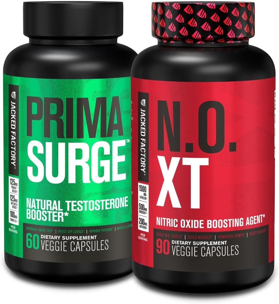 Backed εργοστάσιο Testosterone Booster για τους άνδρες PRIMASURGE (60 κάψουλες) & N.O. XT συμπλήρωμα οξειδίου του αζώτου (90 κάψουλες) για την ανάπτυξη των μυών, αντλίες, & Ενέργεια