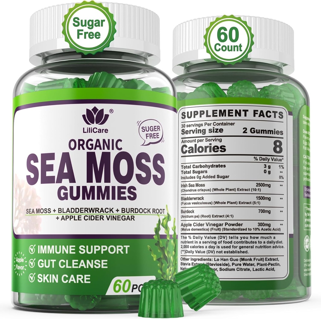 Sea Moss Gummies - İrlandalı Deniz Moss Gummies for Yetişkinler & Çocuklar - Gelişmiş Superfood Seamoss Supplement with Organic Bladderwrack & Burdock Root,ACV for Daily Immune, Gut Cleanse, Vegan, 60 Counts