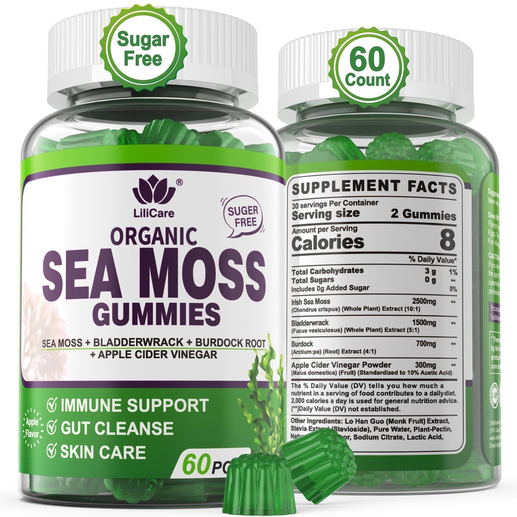 Sea Moss Gummies - Ιρλανδική Θάλασσα Moss Gummies για ενήλικες & παιδιά - Advanced Superfood Seamoss συμπλήρωμα με Βιολογικό Bladderwrack & Burdock Root Extract, ACV για την καθημερινή ανοσοποίηση, Gut Cleanse, Vegan, 60 Counts