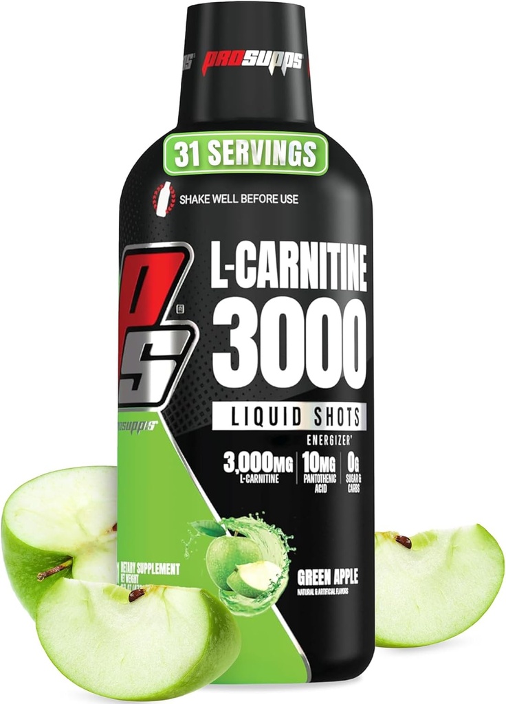 PROSUPPS L-Carnitine Liquid 3000, Erkekler ve Kadınlar için Stimulant-Free Liquid Shots - Energy, Performance & Muscle Recovery - No Sugar, No Carbs - 31 Hizmet, Green Apple