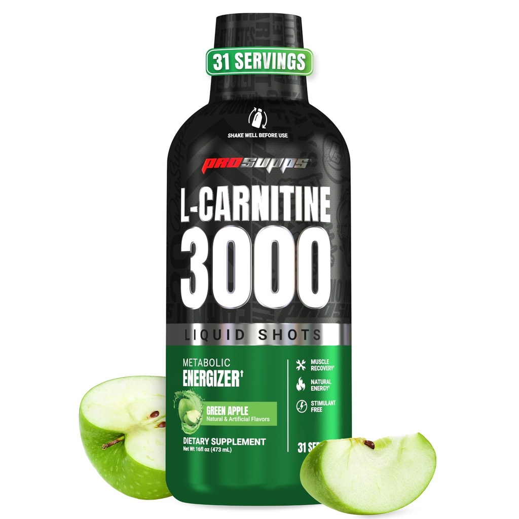 PROSUPPS L-Carnitine Liquid 3000, Erkekler ve Kadınlar için Stimulant-Free Liquid Shots - Energy, Performance & Muscle Recovery - No Sugar, No Carbs - 31 Hizmet, Green Apple