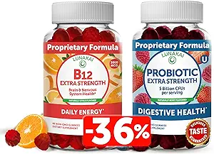 Lunakai Vitamin B12 ve Probiyotik Gummies Sche - 3000 mcg Yetişkinler Enerji Desteği ve Bone Health için Gummy - 5 Milyar CFUs Per Digestive Gut Health için C for Women & Men