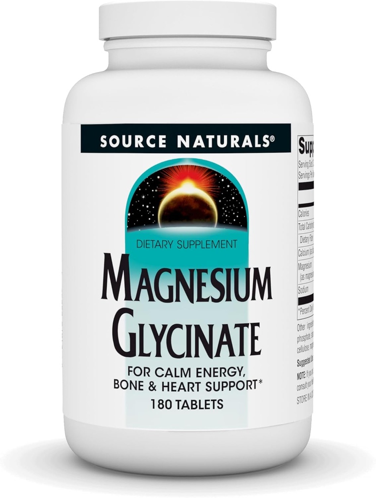 Source Naturals Magnezyum Glycinate, Chelated for high Abpole | for Calm Energy, Bone & Heart Support*, 200 mg per Service - 180 Tabletler