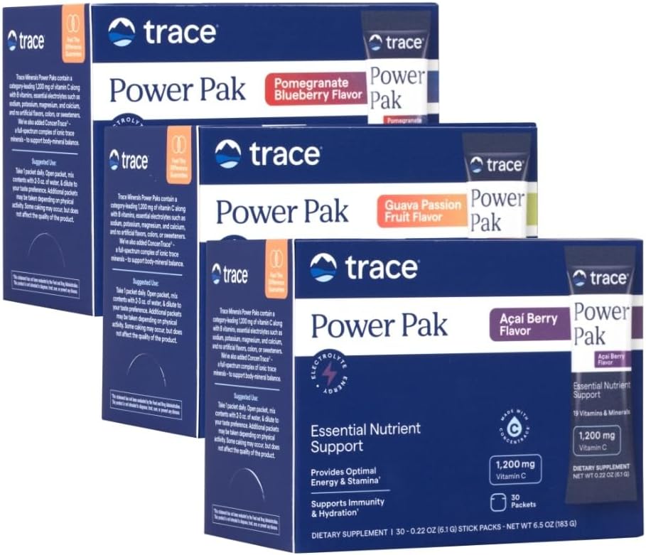 Trace Minerals Power Pak Multivitamin ve Multimineral Packets - Elektrolyte Support - 1200 mg C Plus 70 Acai Berry, Blueberry Pomegranate ve Guava Çeşitliliği - 90 Packets