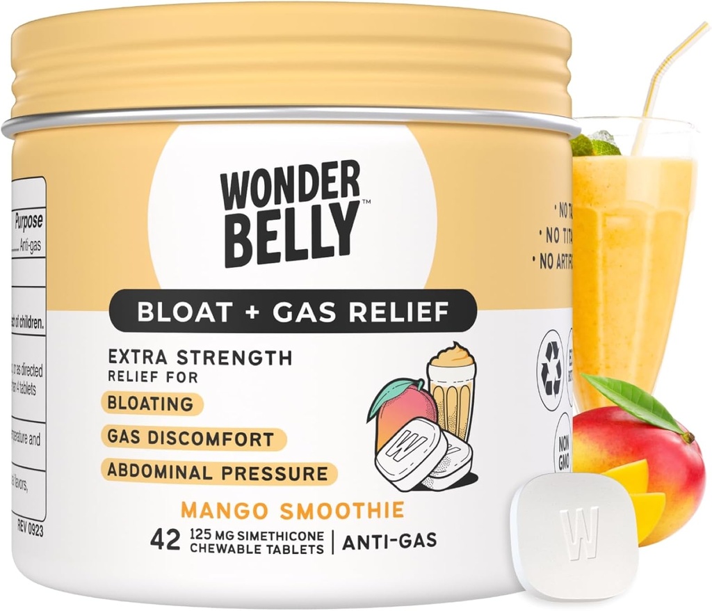 Wonderbelly Bloat + Gas Relief, Extra Strength Chewable Tabletler, 125 mg Simethicone ile, No Talc veya Dye, Mango Smoothie, Count 42
